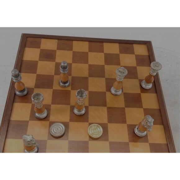 VINTAGE WOOD & METAL CHESS & CHECKER SET CASE DRAWER STORAGE SET - Picture 2 of 7